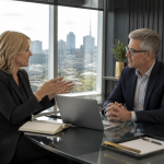 Executive coaching conversation between a coach and senior leader in a modern boardroom